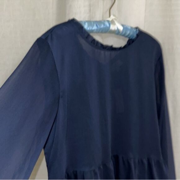 LOFT M Navy Chiffon Ruffle Neck Back V-Neck Sheer Sleeve Peplum Blouse - Picture 9 of 14